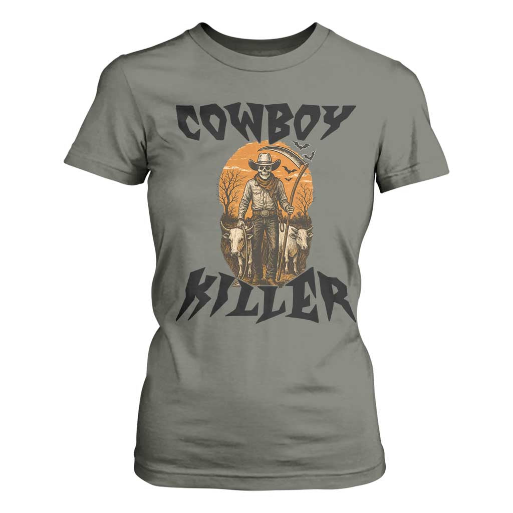Halloween Skeleton T Shirt For Women Cowboy Killer Spooky Western Horror Design TS12 Military Green Print Your Wear