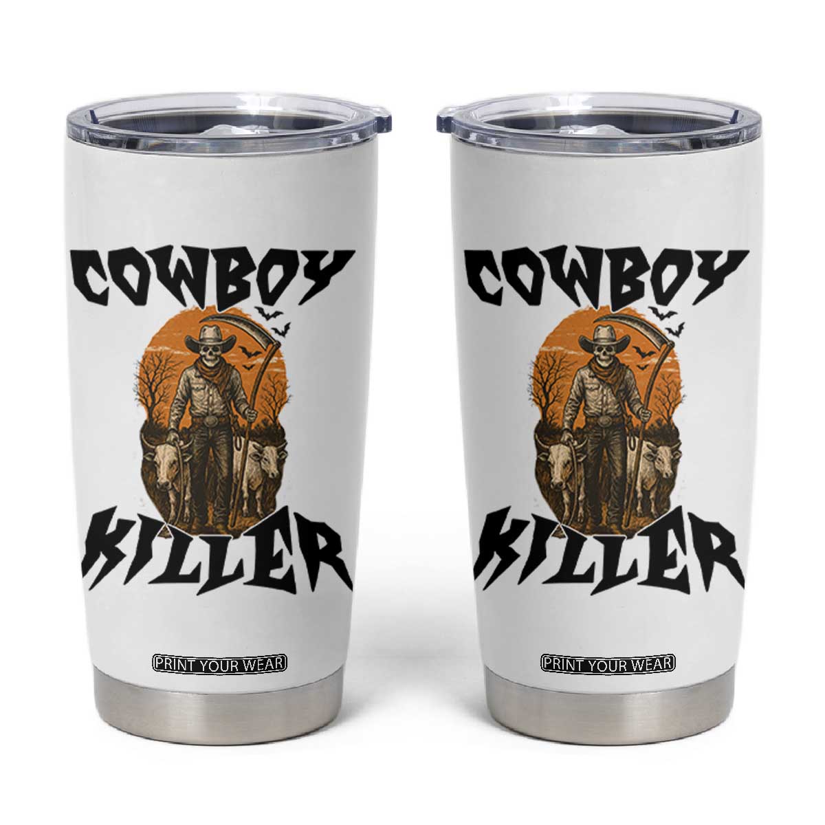 Halloween Skeleton Tumbler Cup Cowboy Killer Spooky Western Horror Design TS12 White Print Your Wear