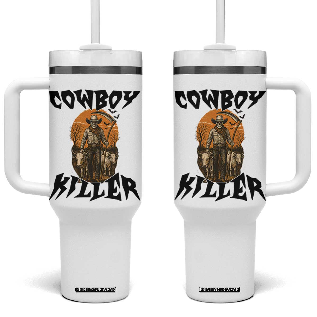Halloween Skeleton Tumbler With Handle Cowboy Killer Spooky Western Horror Design TS12 One Size: 40 oz White Print Your Wear