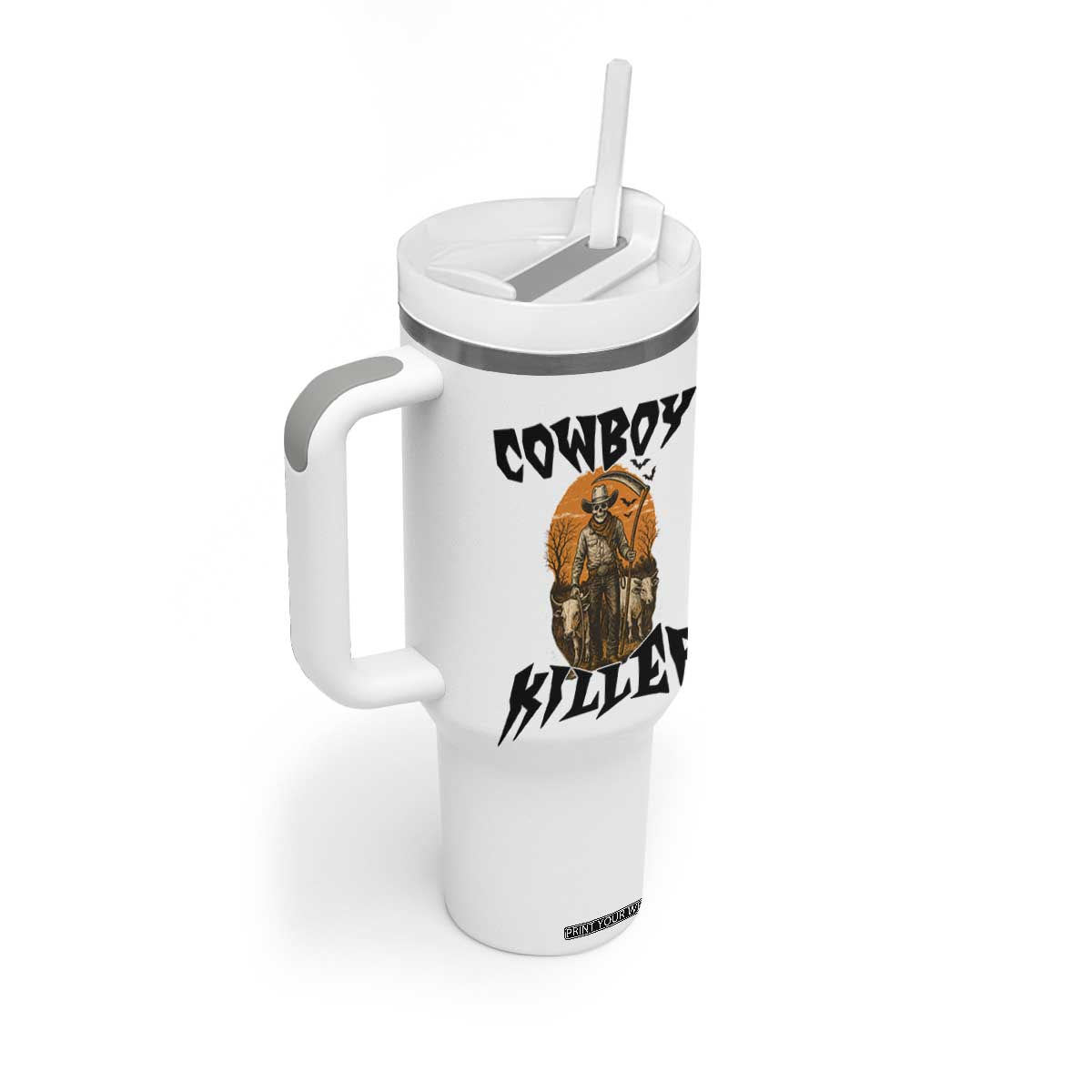 Halloween Skeleton Tumbler With Handle Cowboy Killer Spooky Western Horror Design TS12 Print Your Wear