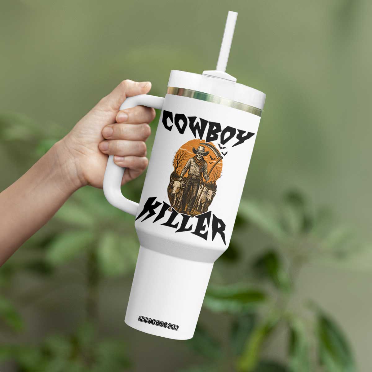 Halloween Skeleton Tumbler With Handle Cowboy Killer Spooky Western Horror Design TS12 Print Your Wear