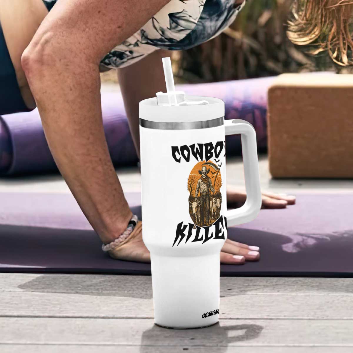 Halloween Skeleton Tumbler With Handle Cowboy Killer Spooky Western Horror Design TS12 Print Your Wear