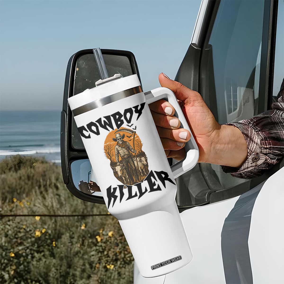 Halloween Skeleton Tumbler With Handle Cowboy Killer Spooky Western Horror Design TS12 Print Your Wear