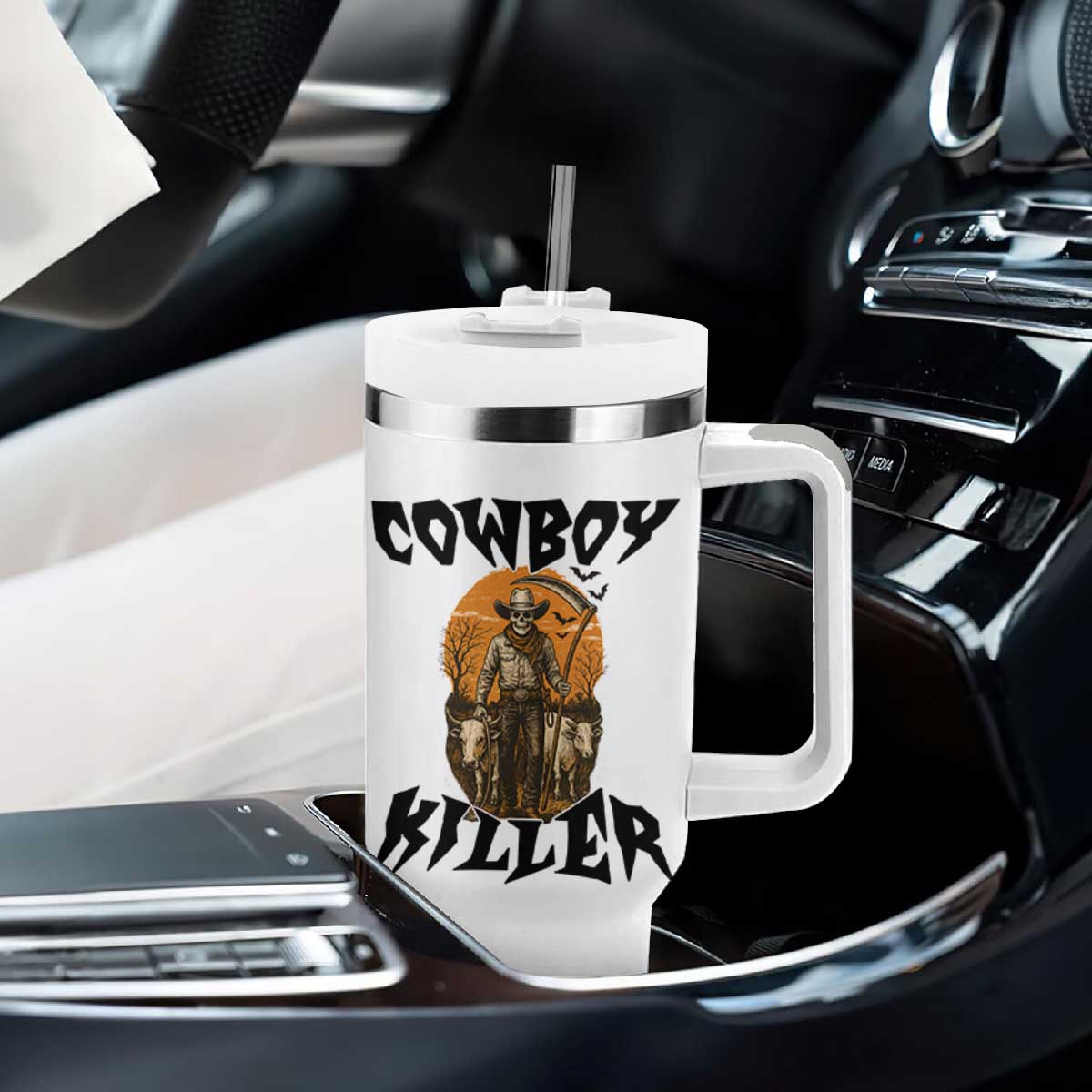 Halloween Skeleton Tumbler With Handle Cowboy Killer Spooky Western Horror Design TS12 Print Your Wear