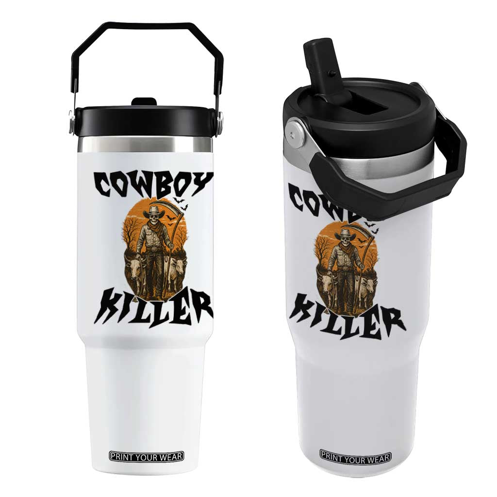 Halloween Skeleton Flip Straw Tumbler Cowboy Killer Spooky Western Horror Design TS12 One Size: 30 oz White Print Your Wear