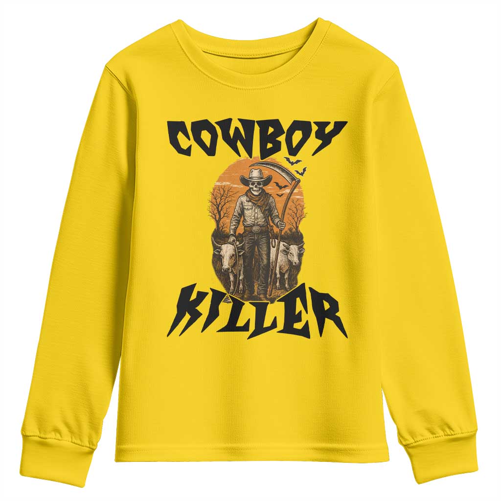Halloween Skeleton Youth Sweatshirt Cowboy Killer Spooky Western Horror Design TS12 Daisy Print Your Wear