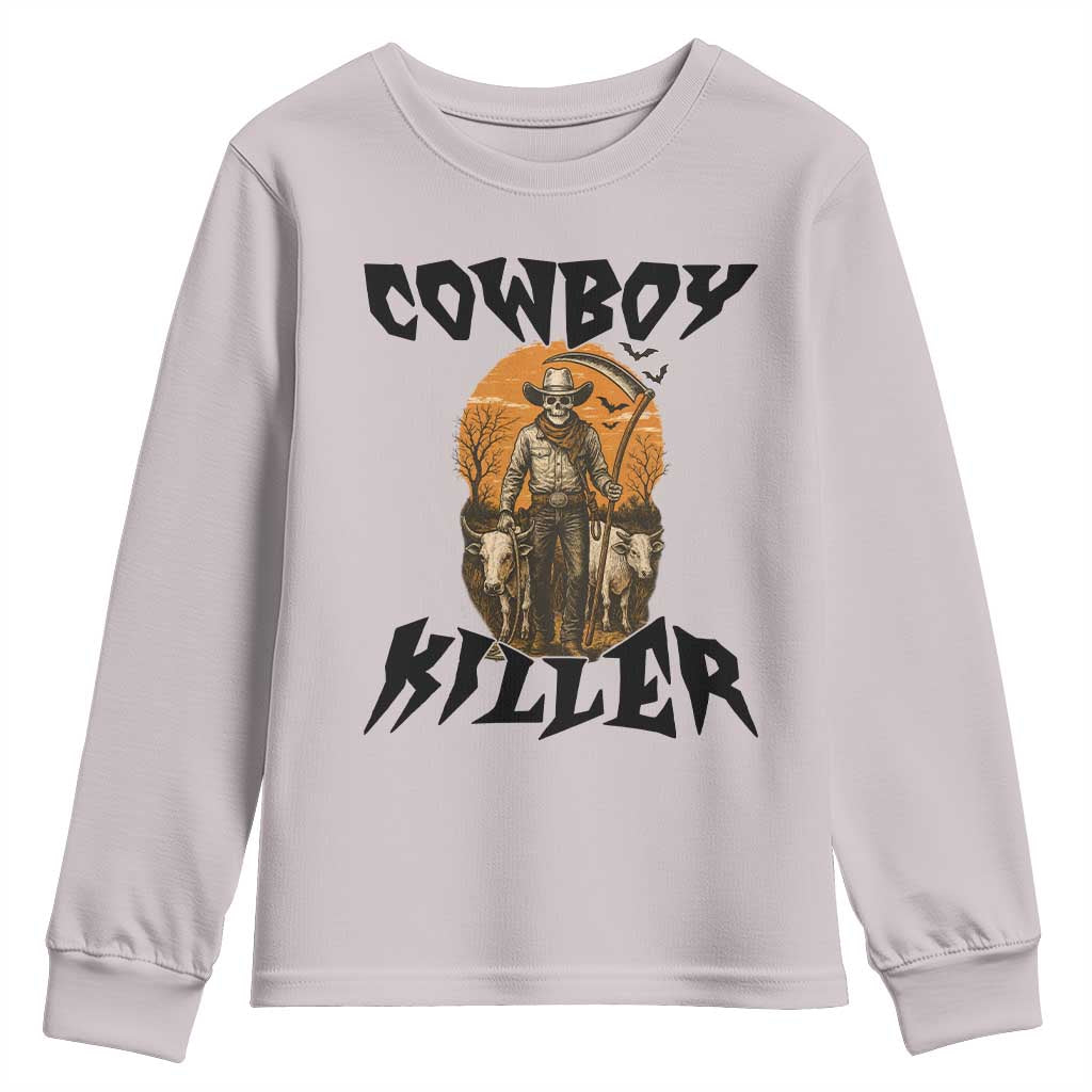 Halloween Skeleton Youth Sweatshirt Cowboy Killer Spooky Western Horror Design TS12 Ice Gray Print Your Wear