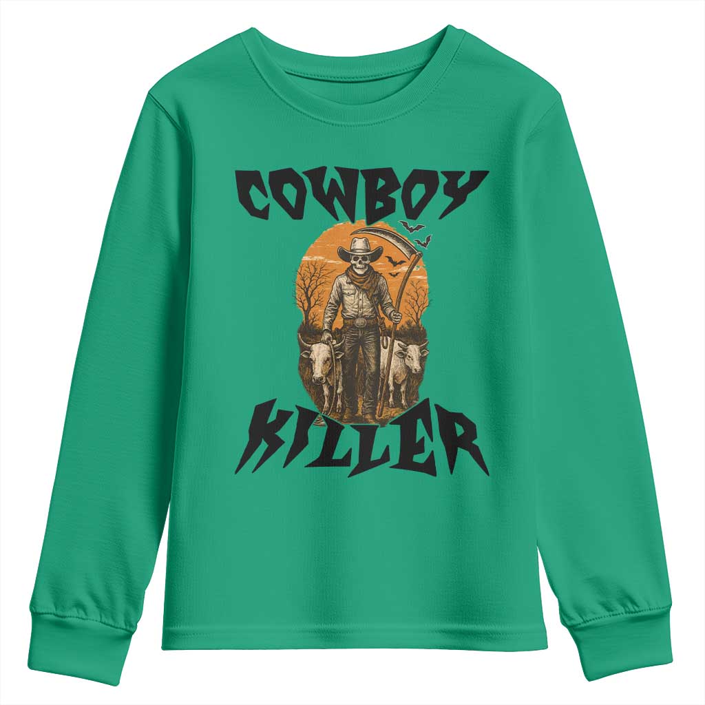 Halloween Skeleton Youth Sweatshirt Cowboy Killer Spooky Western Horror Design TS12 Irish Green Print Your Wear