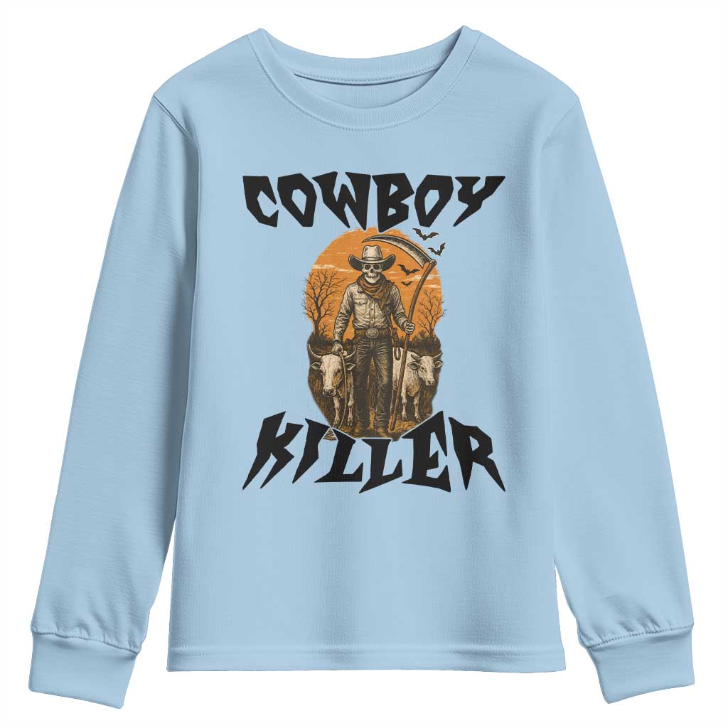 Halloween Skeleton Youth Sweatshirt Cowboy Killer Spooky Western Horror Design TS12 Light Blue Print Your Wear