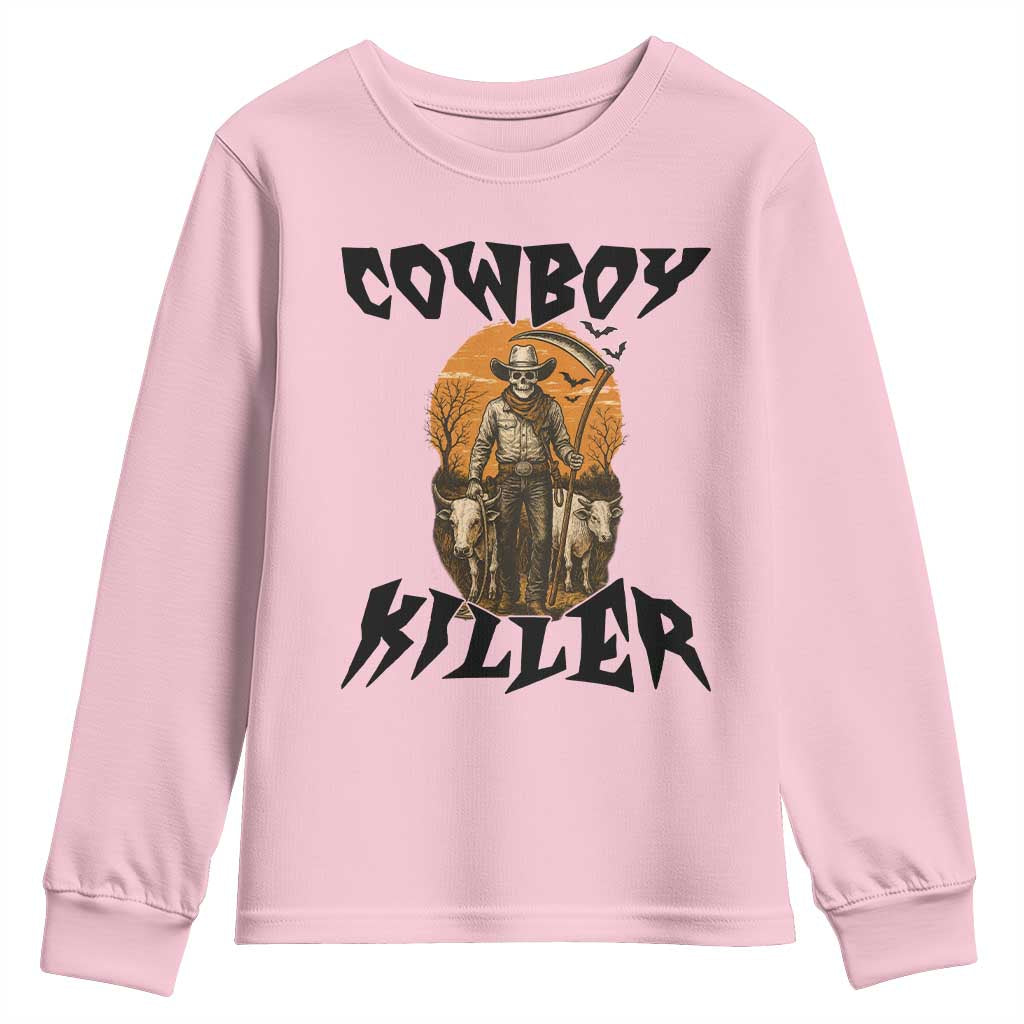 Halloween Skeleton Youth Sweatshirt Cowboy Killer Spooky Western Horror Design TS12 Light Pink Print Your Wear