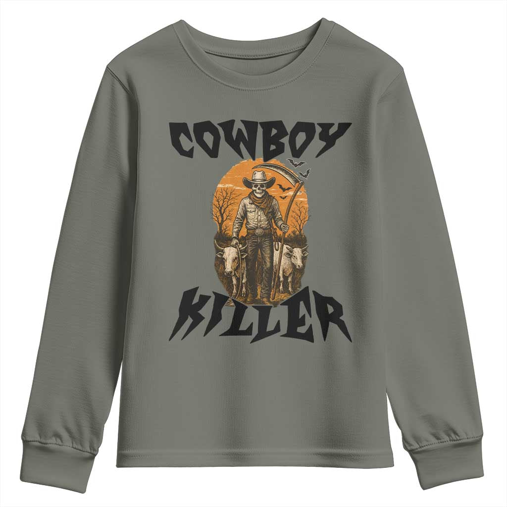 Halloween Skeleton Youth Sweatshirt Cowboy Killer Spooky Western Horror Design TS12 Military Green Print Your Wear