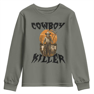 Halloween Skeleton Youth Sweatshirt Cowboy Killer Spooky Western Horror Design TS12 Military Green Print Your Wear