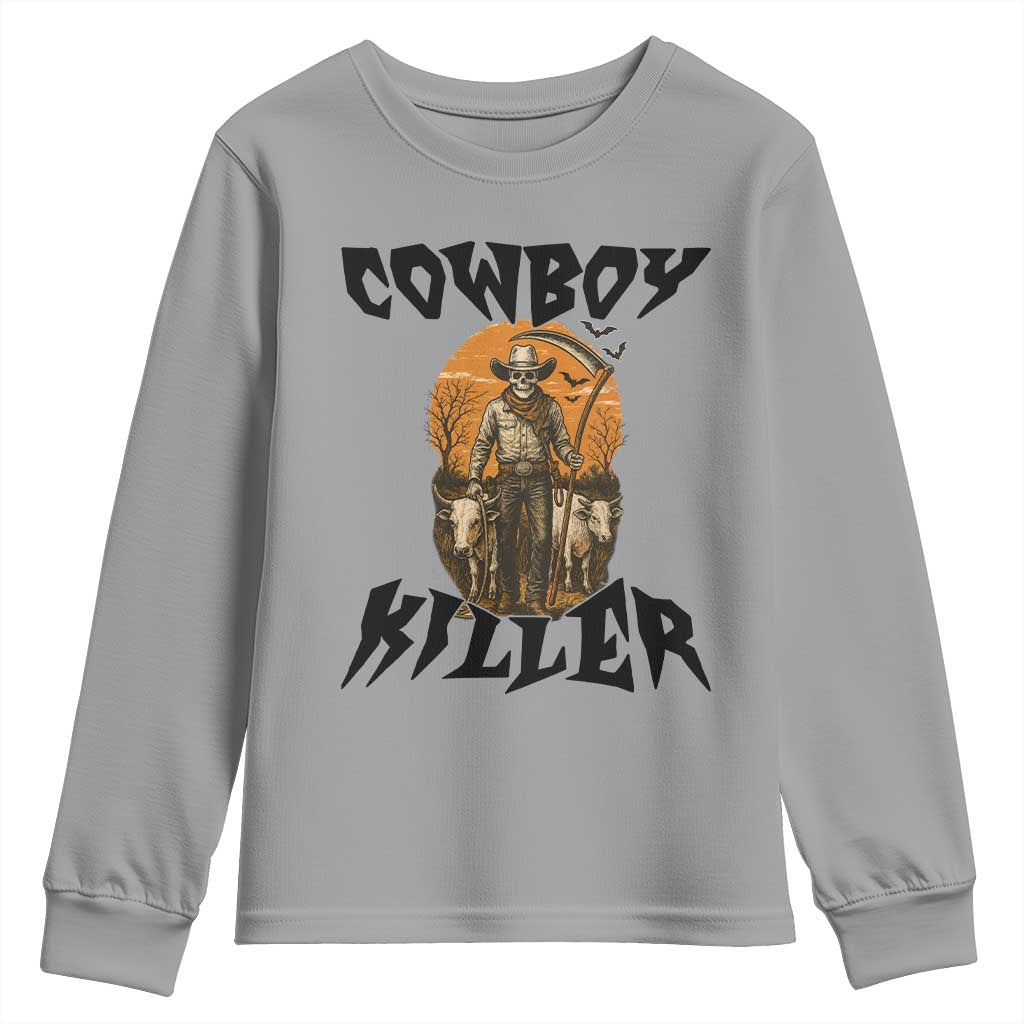 Halloween Skeleton Youth Sweatshirt Cowboy Killer Spooky Western Horror Design TS12 Sport Gray Print Your Wear