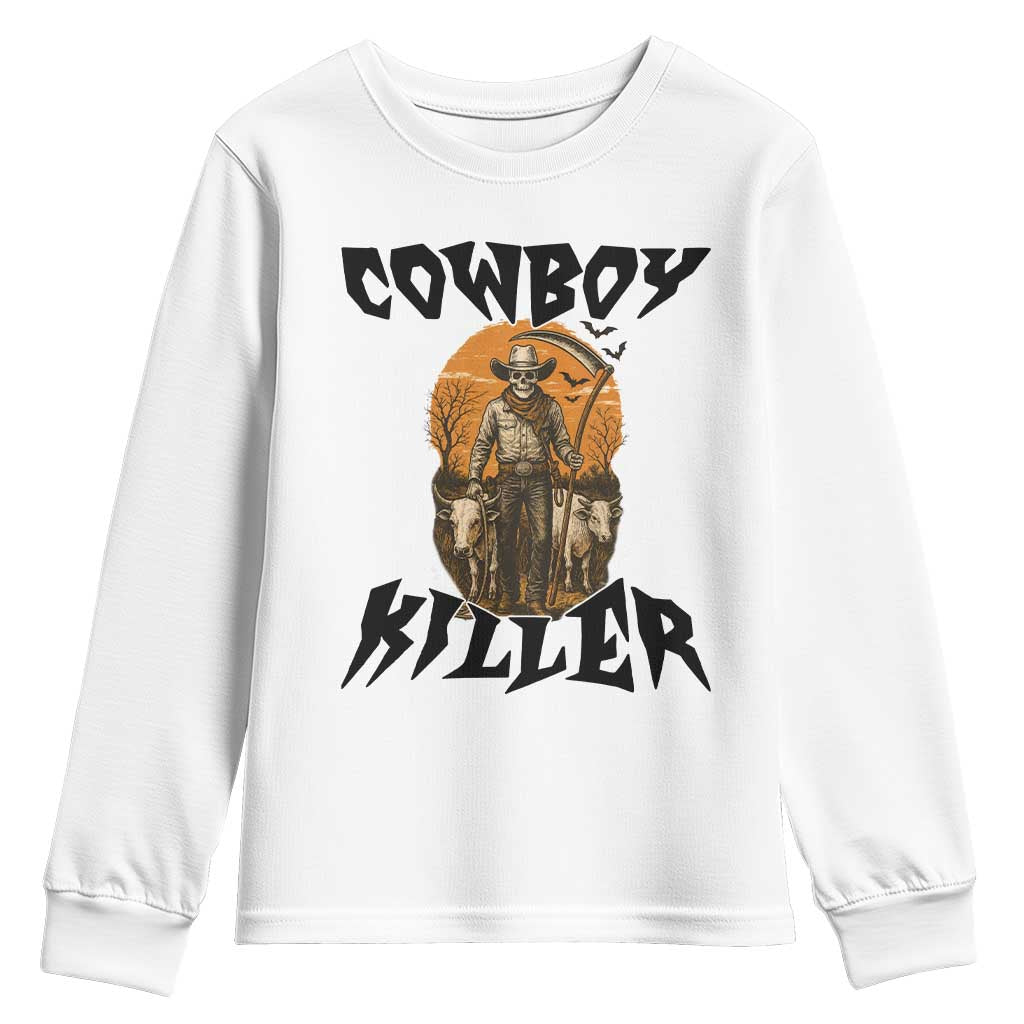 Halloween Skeleton Youth Sweatshirt Cowboy Killer Spooky Western Horror Design TS12 White Print Your Wear