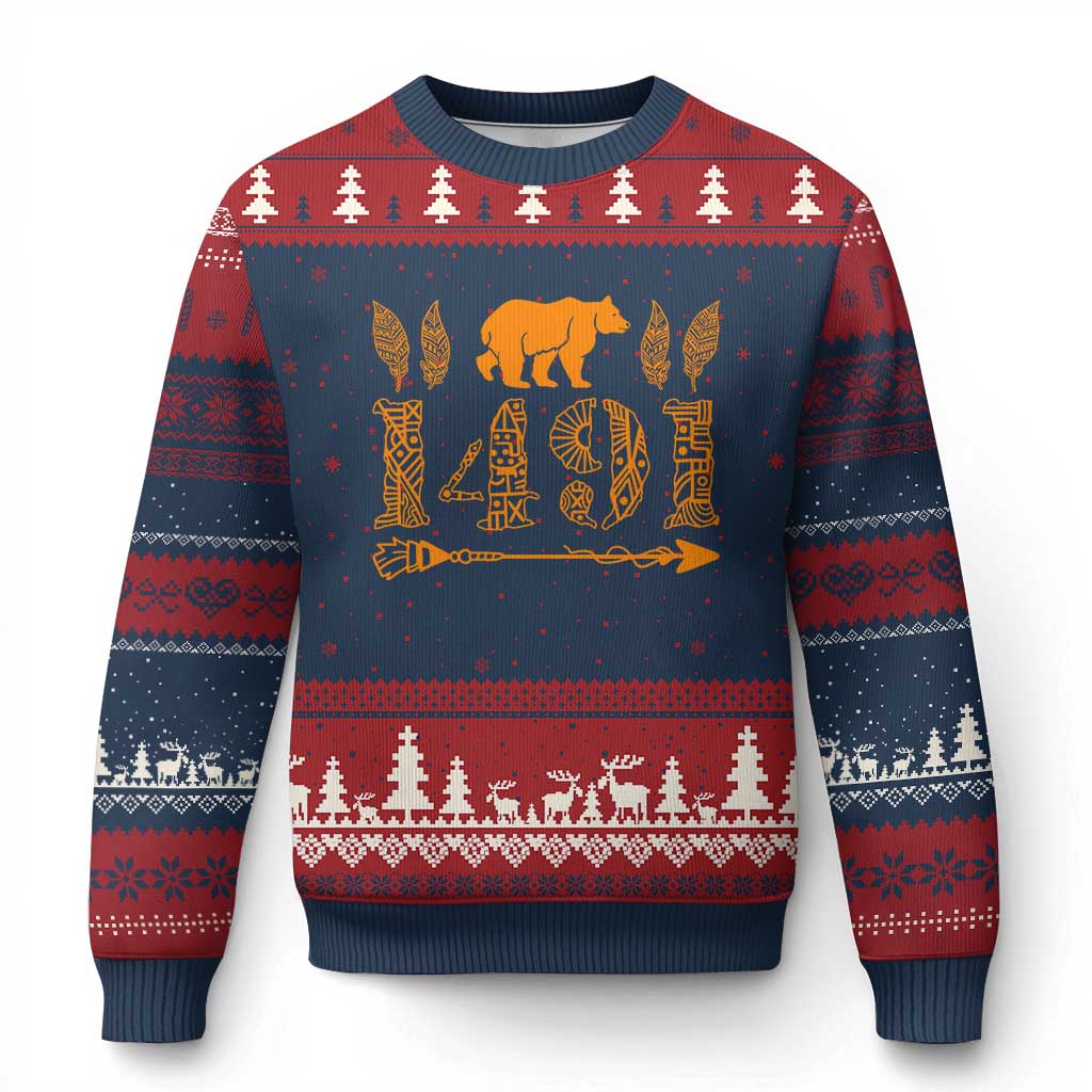 1491 Indigenous Peoples Day Ugly Christmas Sweater Proud Native American Pride TS12 Navy Red Print Your Wear