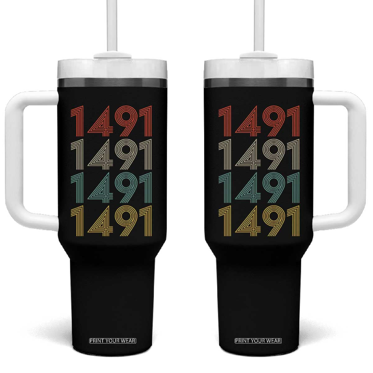 1491 Vintage Retro Striped Multicolor Number Graphic Tumbler With Handle TS12 One Size: 40 oz Black Print Your Wear