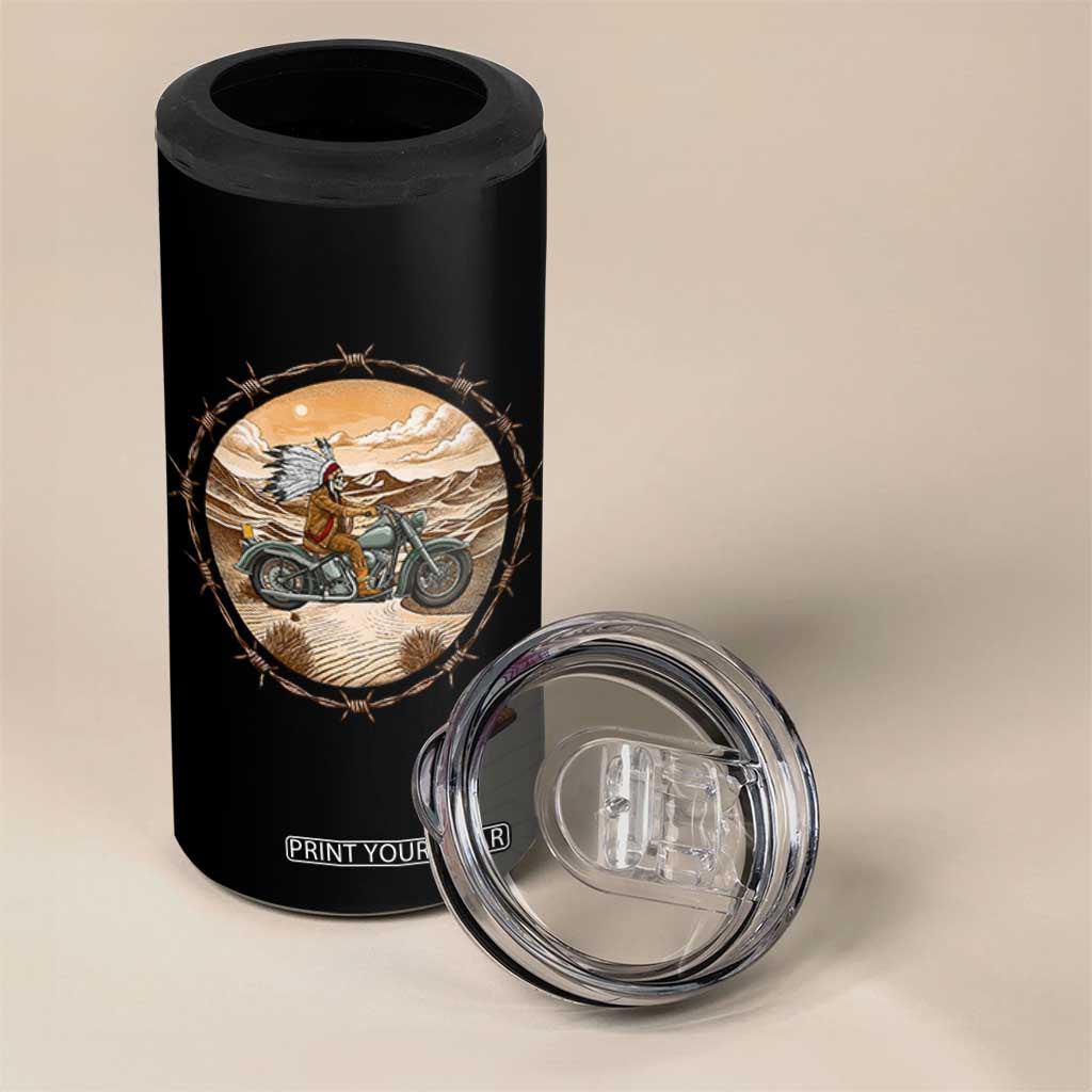 Native American Biker Gift 4 in 1 Can Cooler Tumbler Skull Motorcycle Rider