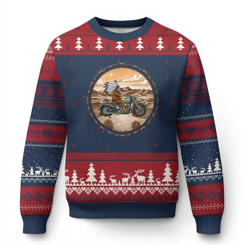 Native American Biker Gift Ugly Christmas Sweater Skull Motorcycle Rider