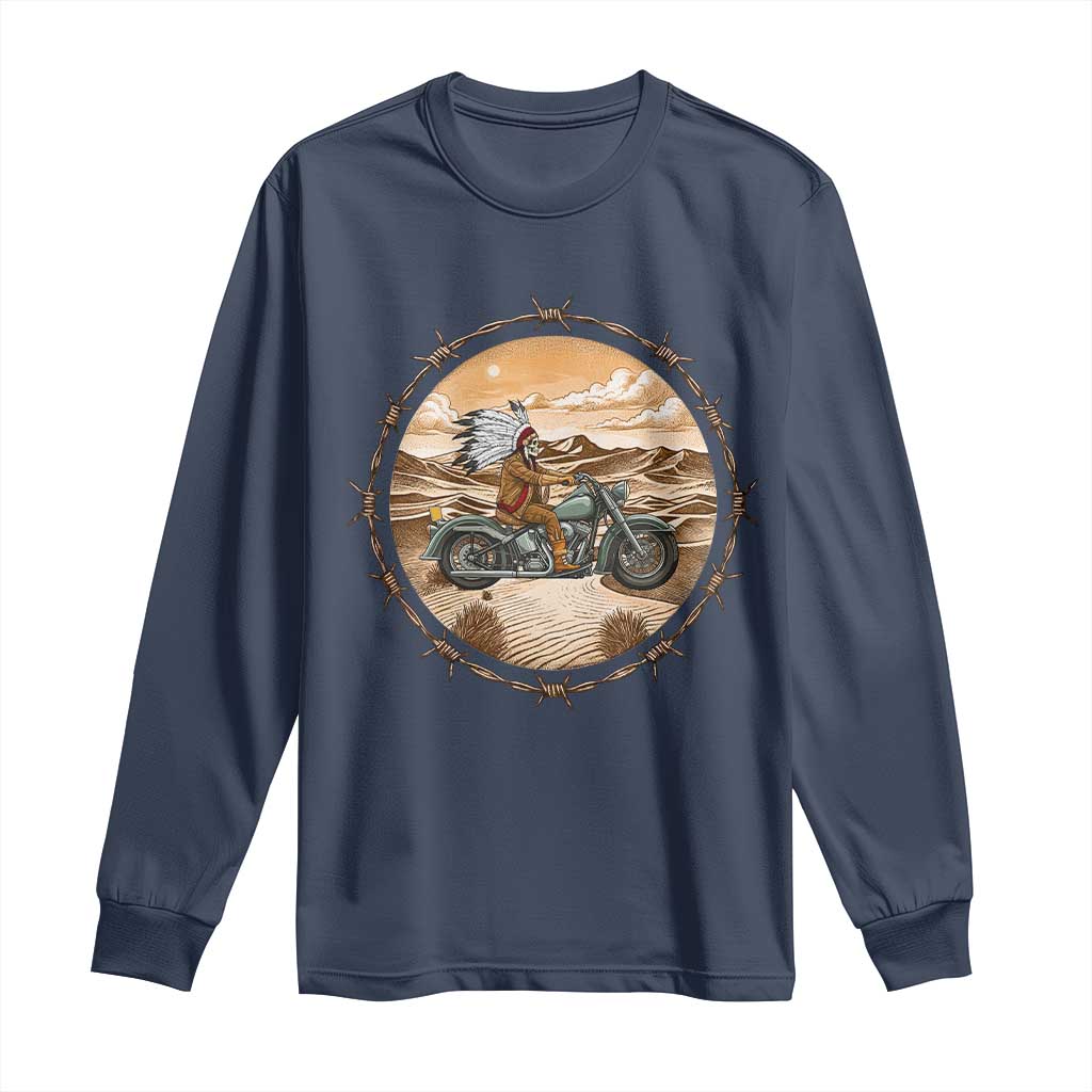 Native American Biker Gift Long Sleeve Shirt Skull Motorcycle Rider