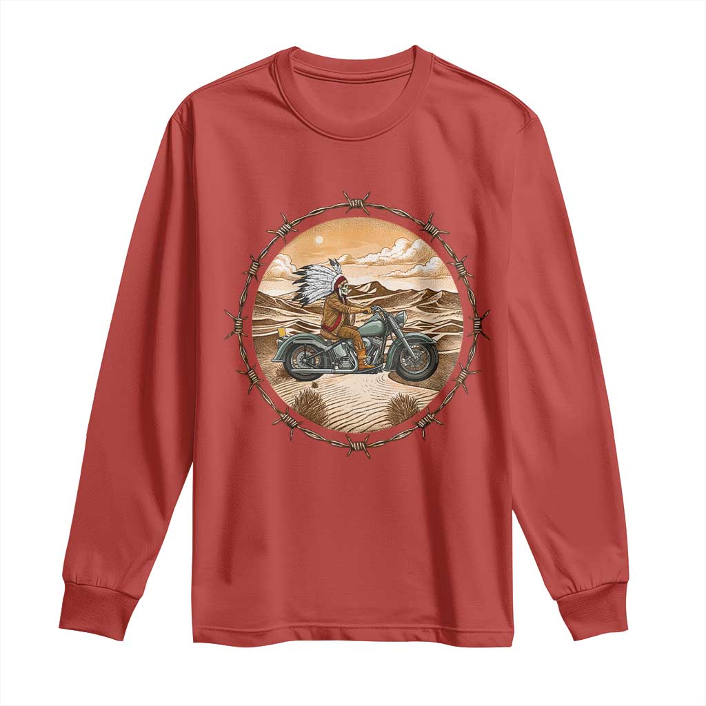 Native American Biker Gift Long Sleeve Shirt Skull Motorcycle Rider