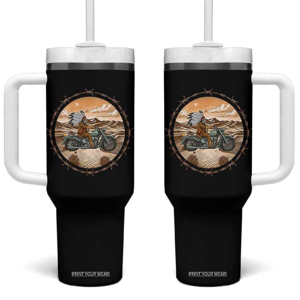 Native American Biker Gift Tumbler With Handle Skull Motorcycle Rider TS12 One Size: 40 oz Black Print Your Wear