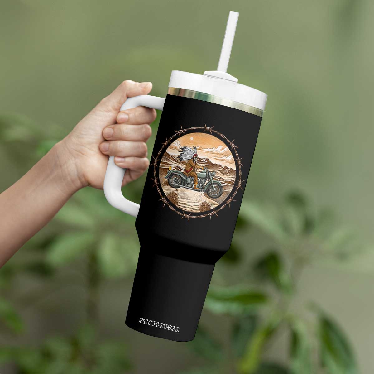 Native American Biker Gift Tumbler With Handle Skull Motorcycle Rider