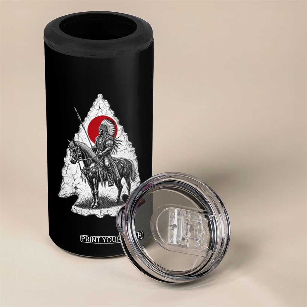 Vintage Native American Warrior 4 in 1 Can Cooler Tumbler Horse Rider Feather Headdress Graphic