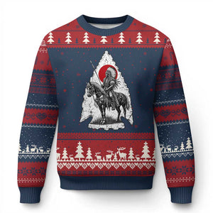 Vintage Native American Warrior Ugly Christmas Sweater Horse Rider Feather Headdress Graphic