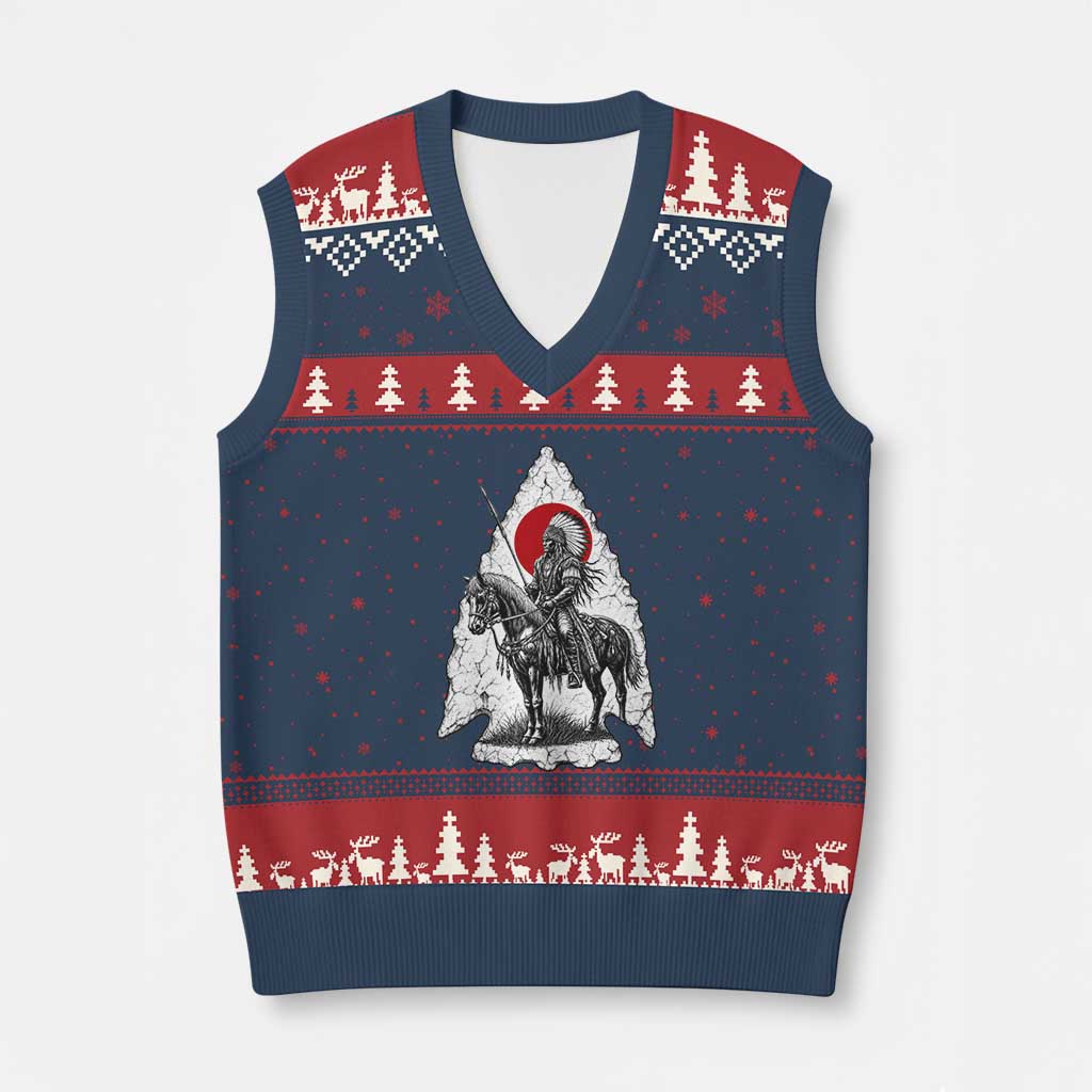 Vintage Native American Warrior V-Neck Knit Sweater Vest Horse Rider Feather Headdress Graphic TS12 Navy Red Print Your Wear