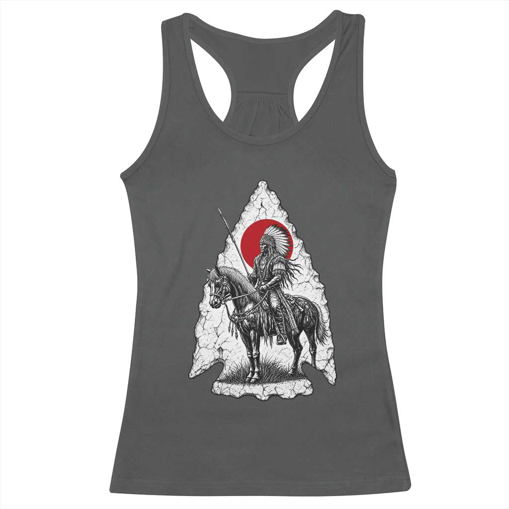 Vintage Native American Warrior Racerback Tank Top Horse Rider Feather Headdress Graphic