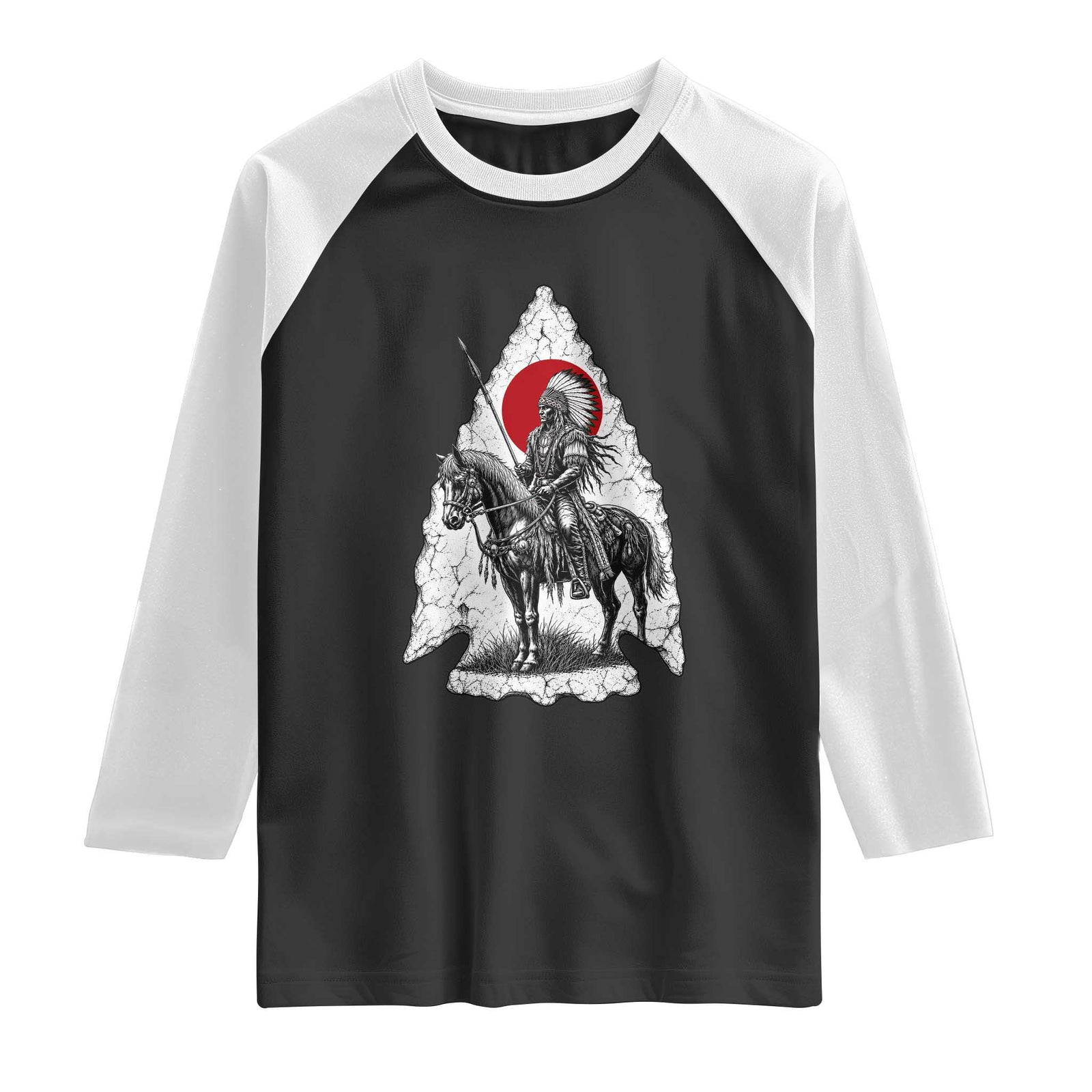 Vintage Native American Warrior Raglan Shirt Horse Rider Feather Headdress Graphic TS12 Black White Print Your Wear