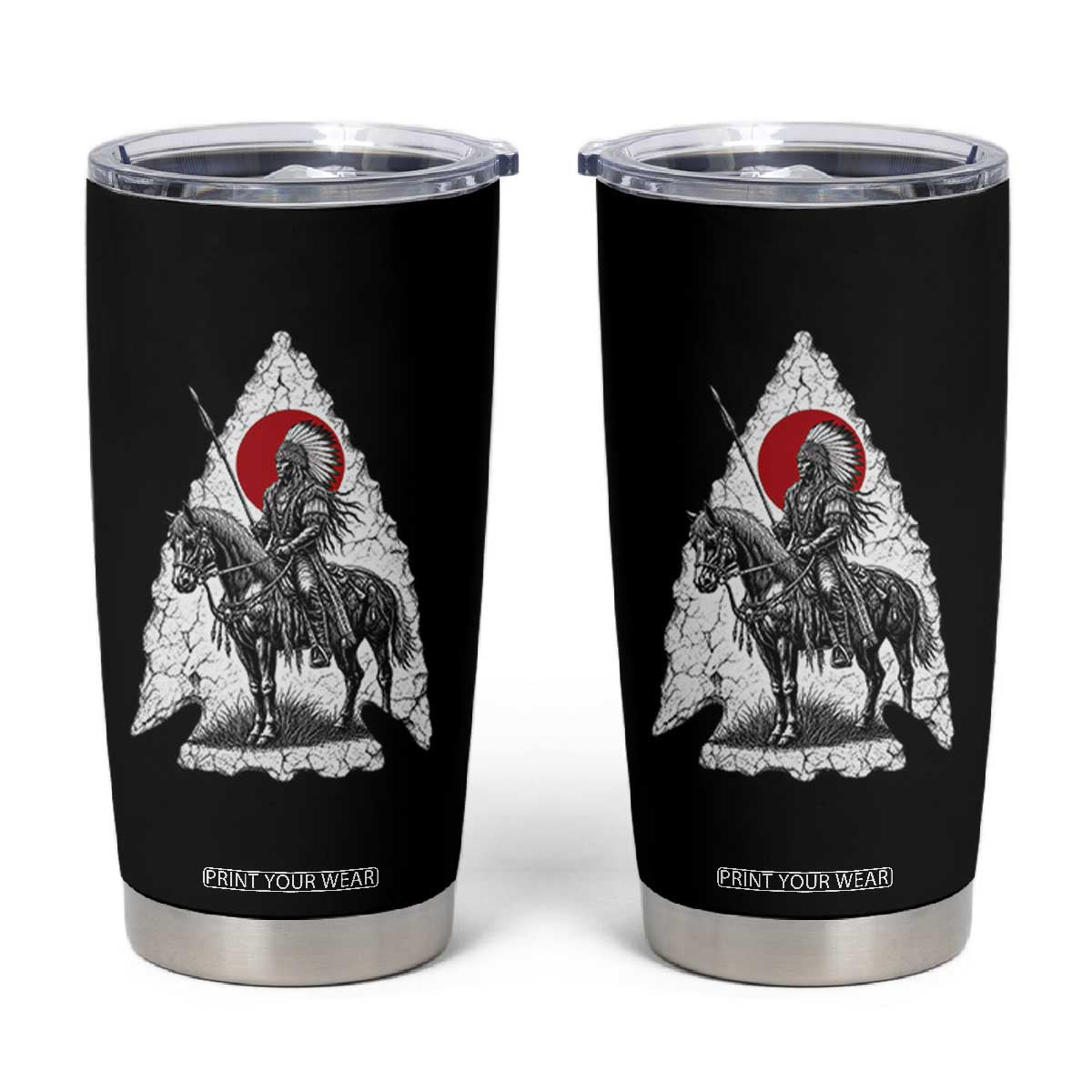 Vintage Native American Warrior Tumbler Cup Horse Rider Feather Headdress Graphic TS12 Black Print Your Wear