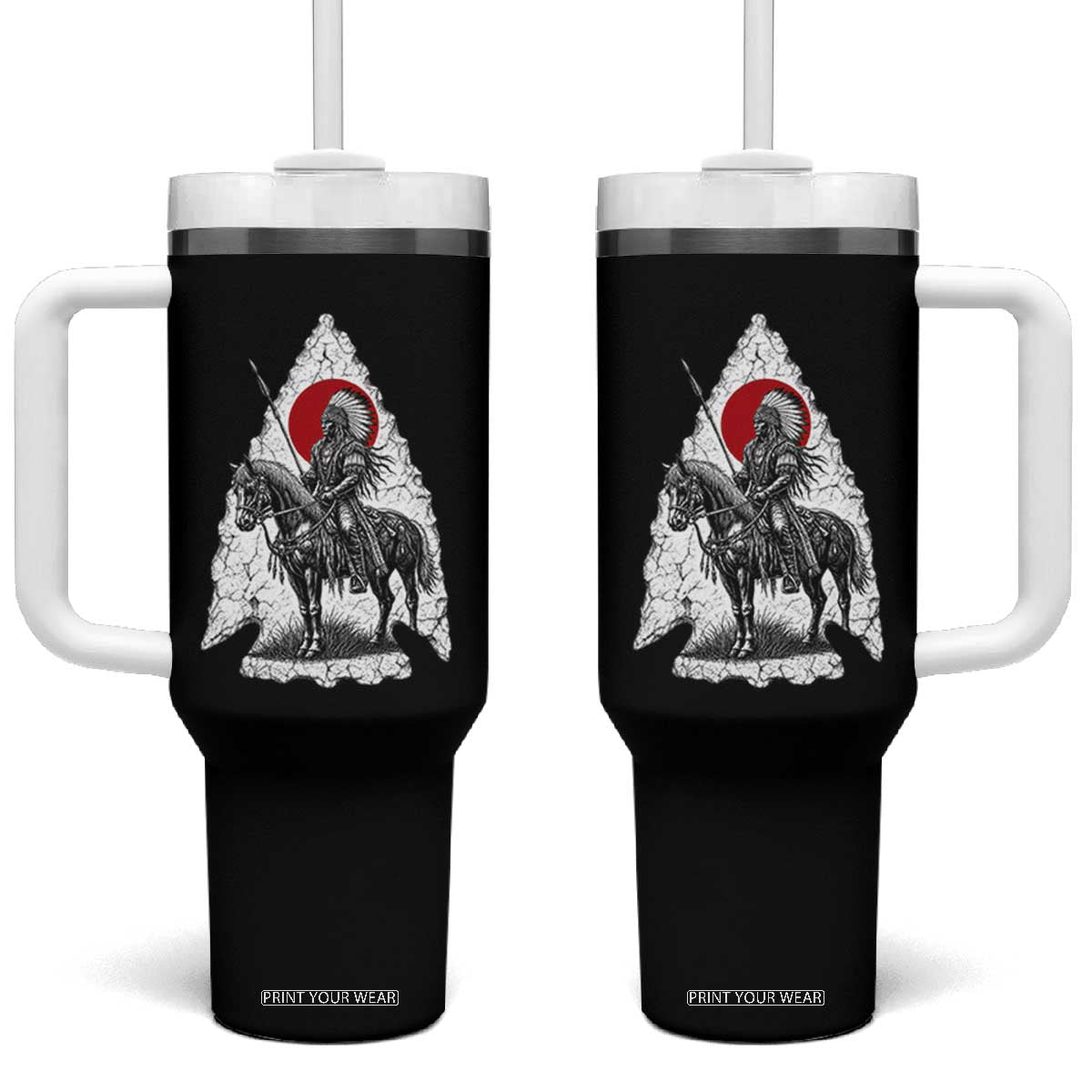 Vintage Native American Warrior Tumbler With Handle Horse Rider Feather Headdress Graphic
