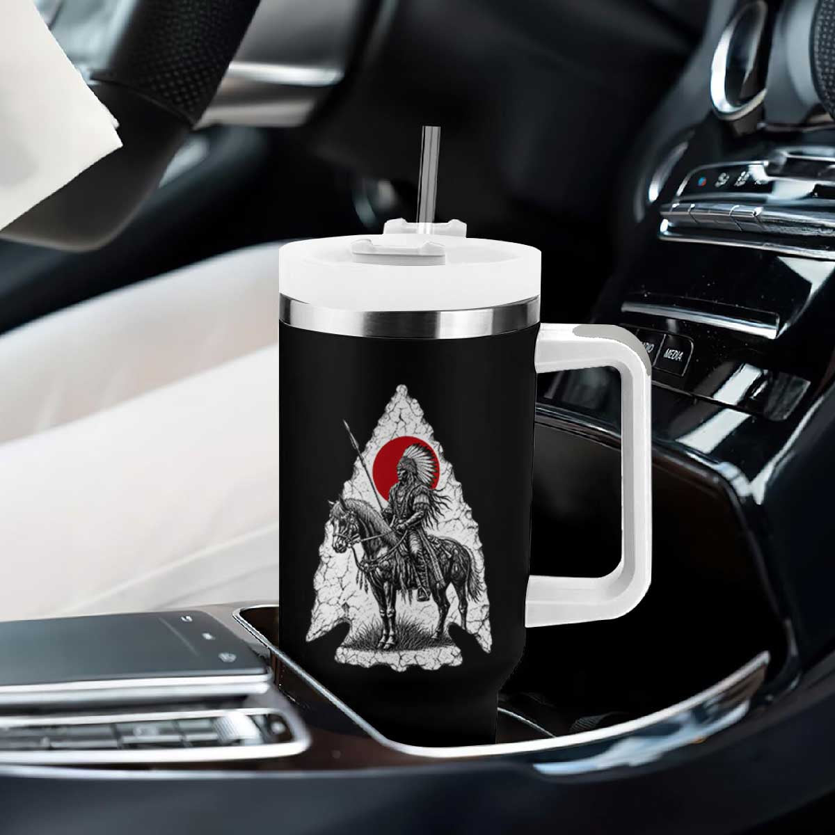 Vintage Native American Warrior Tumbler With Handle Horse Rider Feather Headdress Graphic