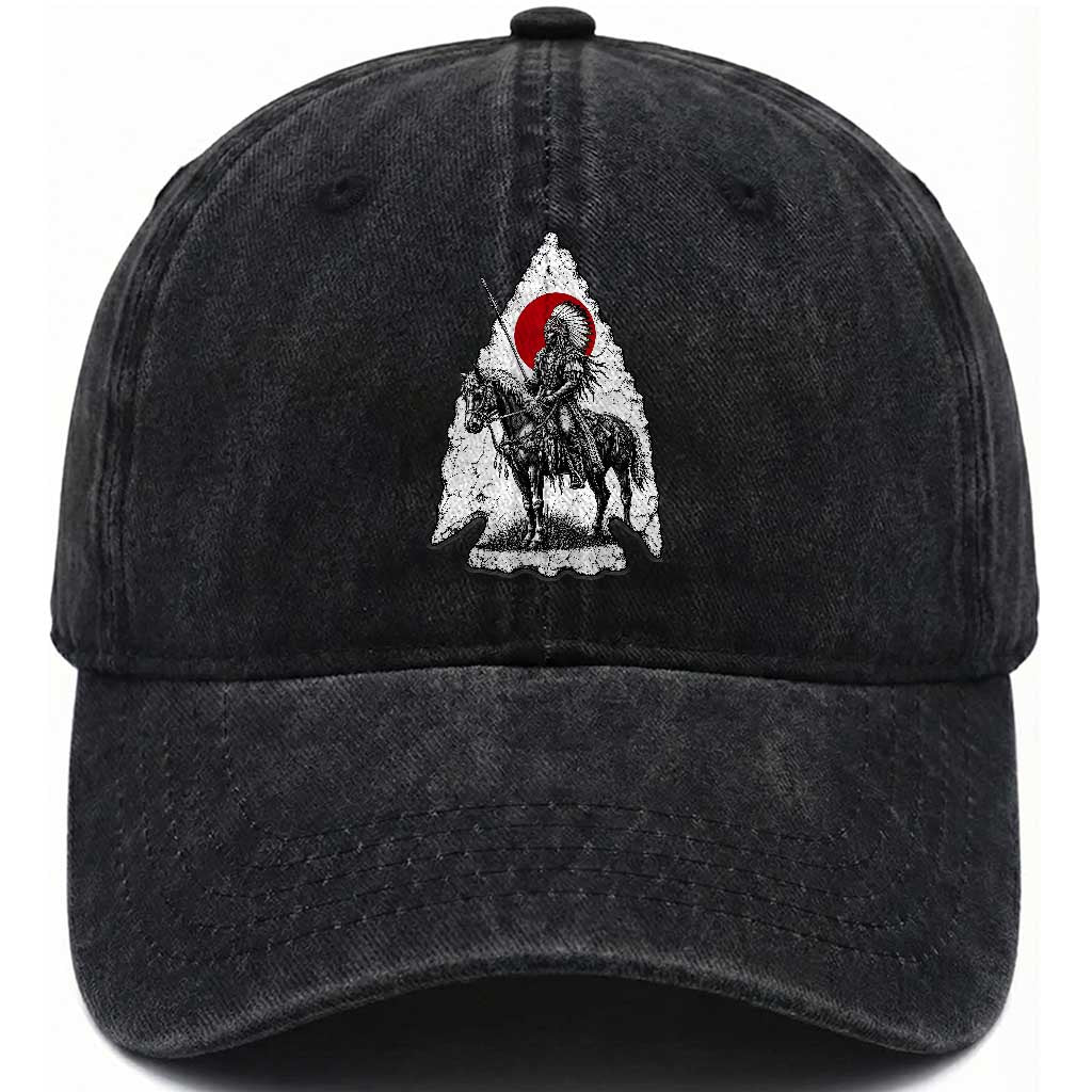 Vintage Native American Warrior Washed Cotton Baseball Cap Horse Rider Feather Headdress Graphic TS12 Print Your Wear