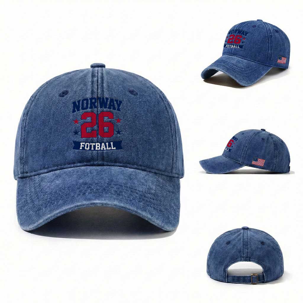Vintage Norway Fotball Washed Cotton Baseball Cap Norwegian Flag Game Day Fan Gift TS12 Washed Cap Universal Fit Royal Blue Print Your Wear
