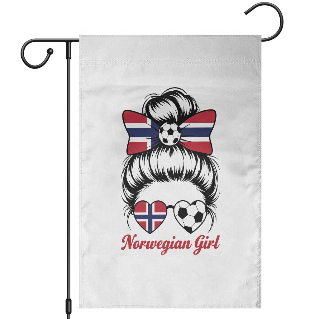 Norwegian Soccer Girl Garden Flag Messy Bun Sunglasses Football Fan TS12 White Print Your Wear