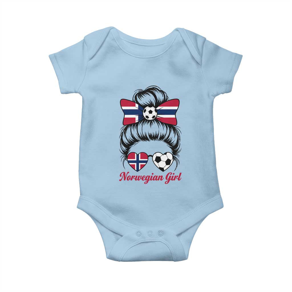 Norwegian Soccer Girl Baby Onesie Messy Bun Sunglasses Football Fan TS12 Light Blue Print Your Wear