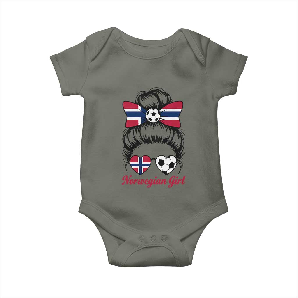 Norwegian Soccer Girl Baby Onesie Messy Bun Sunglasses Football Fan TS12 Military Green Print Your Wear
