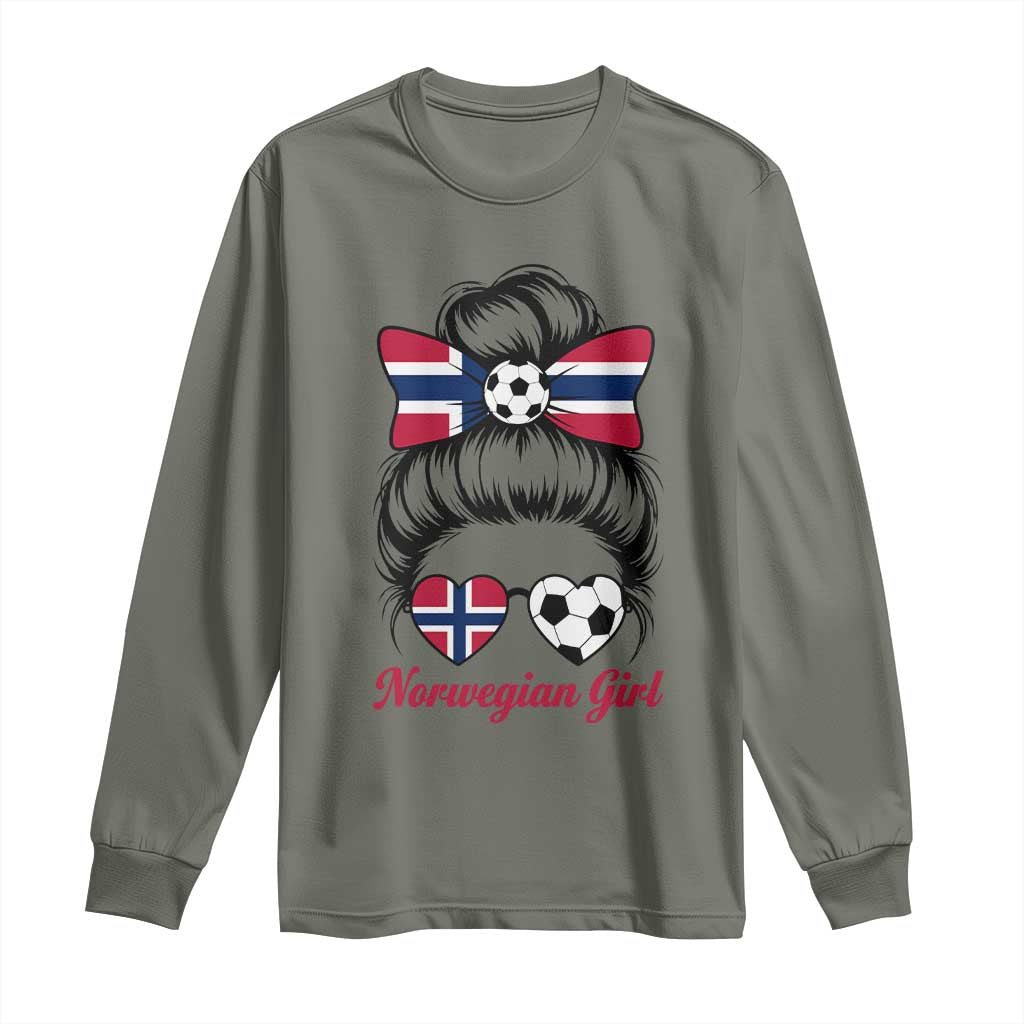 Norwegian Soccer Girl Long Sleeve Shirt Messy Bun Sunglasses Football Fan TS12 Military Green Print Your Wear