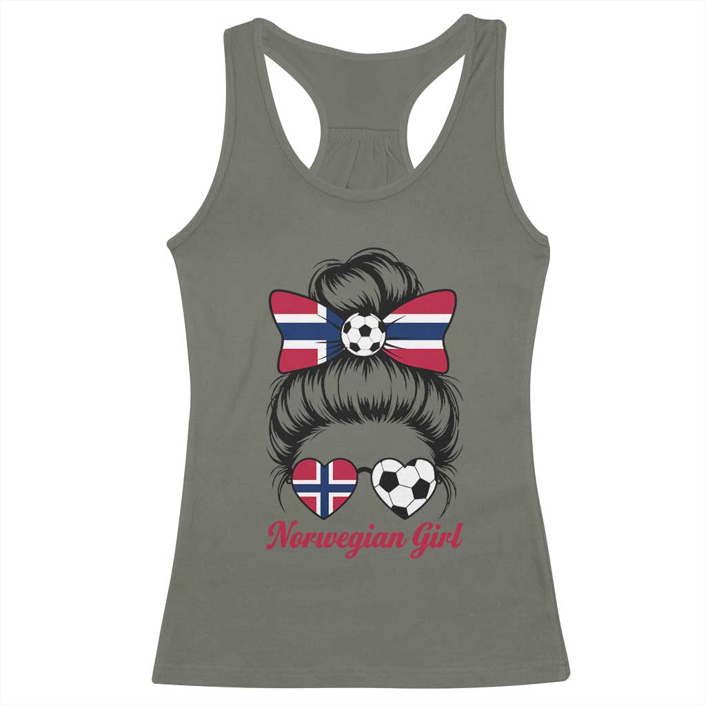 Norwegian Soccer Girl Racerback Tank Top Messy Bun Sunglasses Football Fan TS12 Military Green Print Your Wear