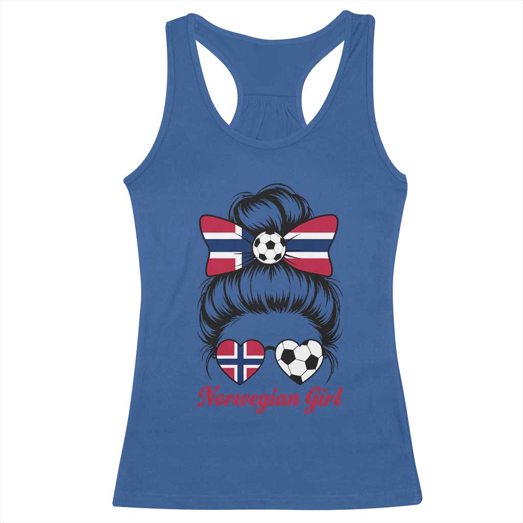 Norwegian Soccer Girl Racerback Tank Top Messy Bun Sunglasses Football Fan TS12 Royal Blue Print Your Wear