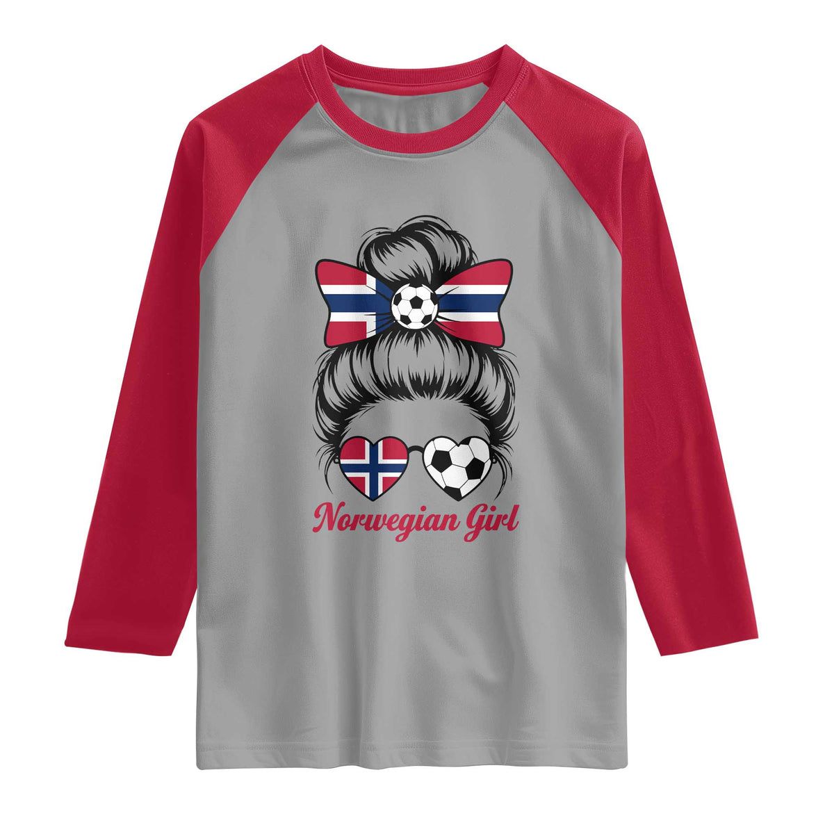 Norwegian Soccer Girl Raglan Shirt Messy Bun Sunglasses Football Fan TS12 Sport Gray Red Print Your Wear