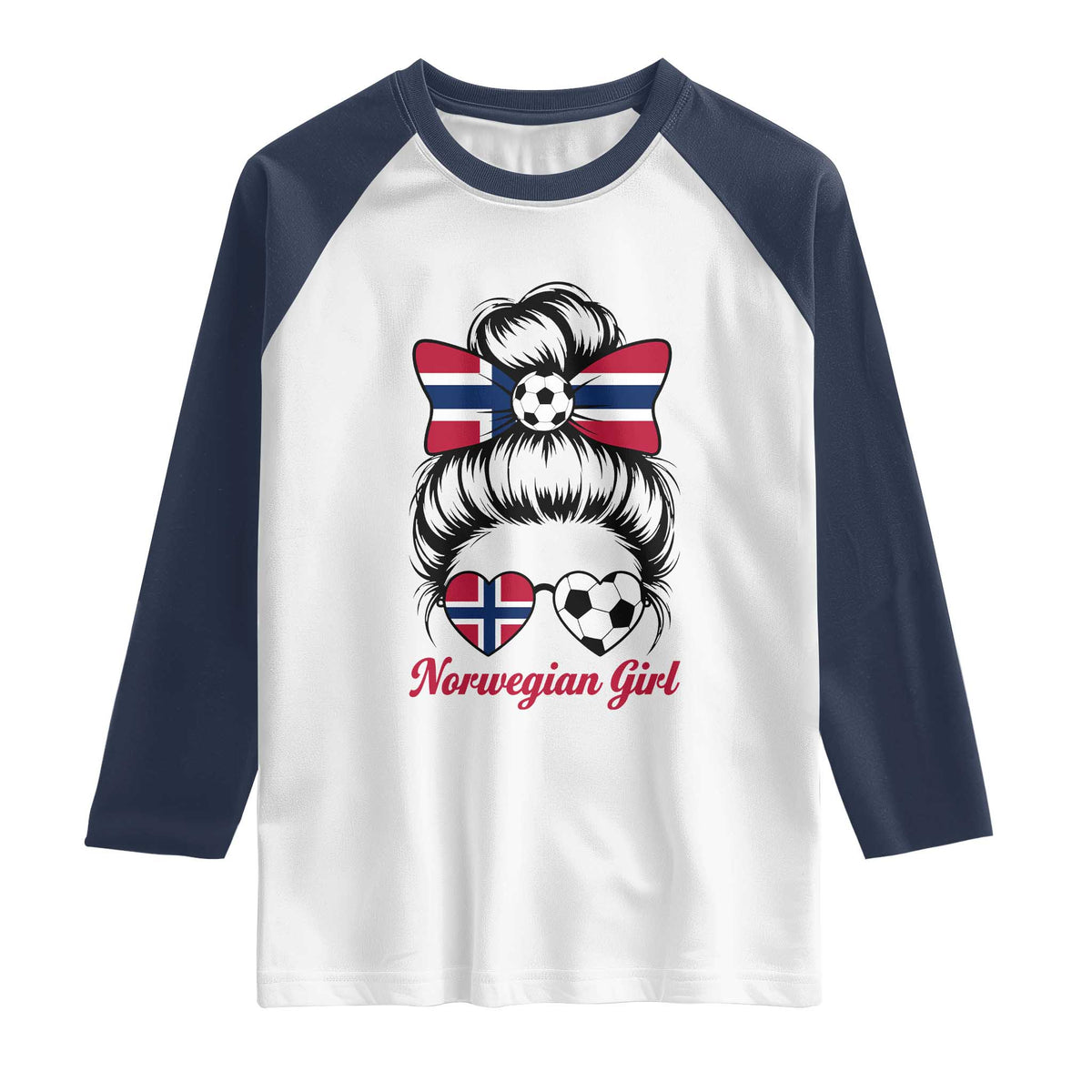 Norwegian Soccer Girl Raglan Shirt Messy Bun Sunglasses Football Fan TS12 White Navy Print Your Wear