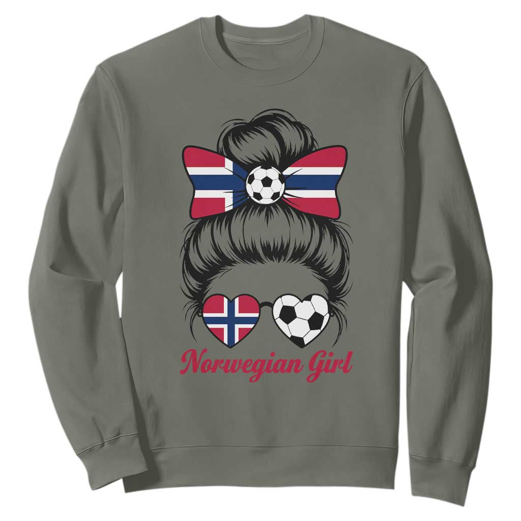 Norwegian Soccer Girl Sweatshirt Messy Bun Sunglasses Football Fan TS12 Military Green Print Your Wear