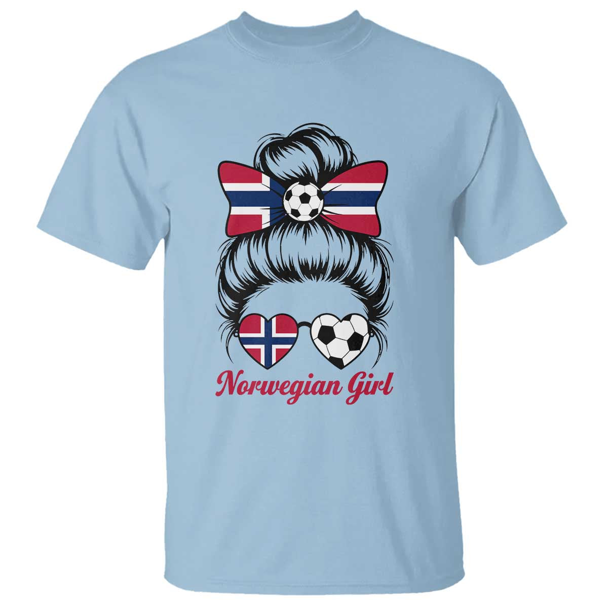 Norwegian Soccer Girl T Shirt Messy Bun Sunglasses Football Fan TS12 Light Blue Print Your Wear