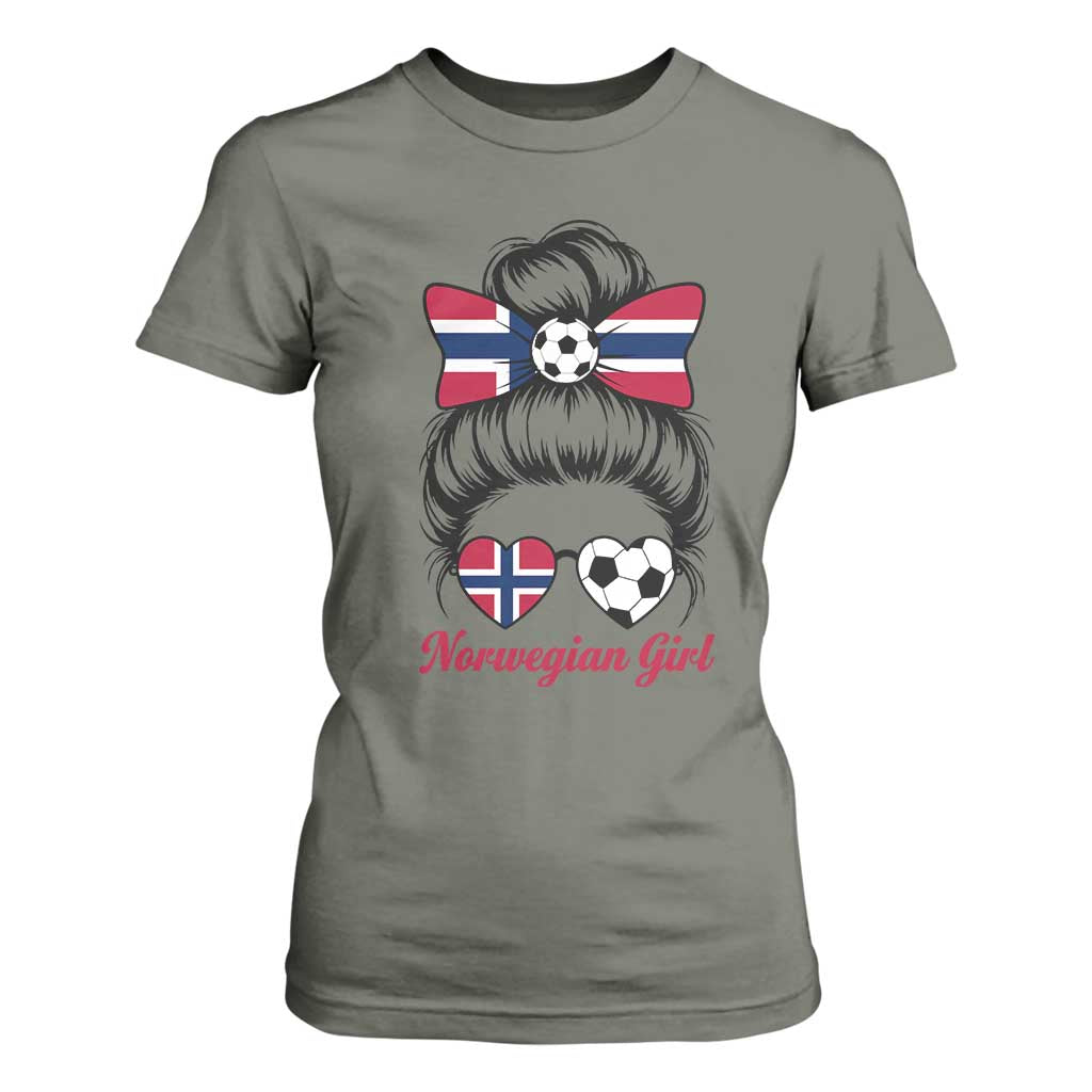 Norwegian Soccer Girl T Shirt For Women Messy Bun Sunglasses Football Fan TS12 Military Green Print Your Wear
