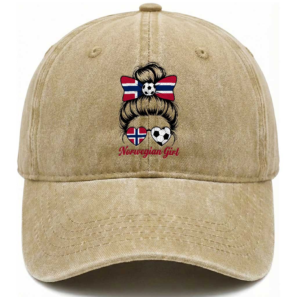 Norwegian Soccer Girl Washed Cotton Baseball Cap Messy Bun Sunglasses Football Fan TS12 Print Your Wear