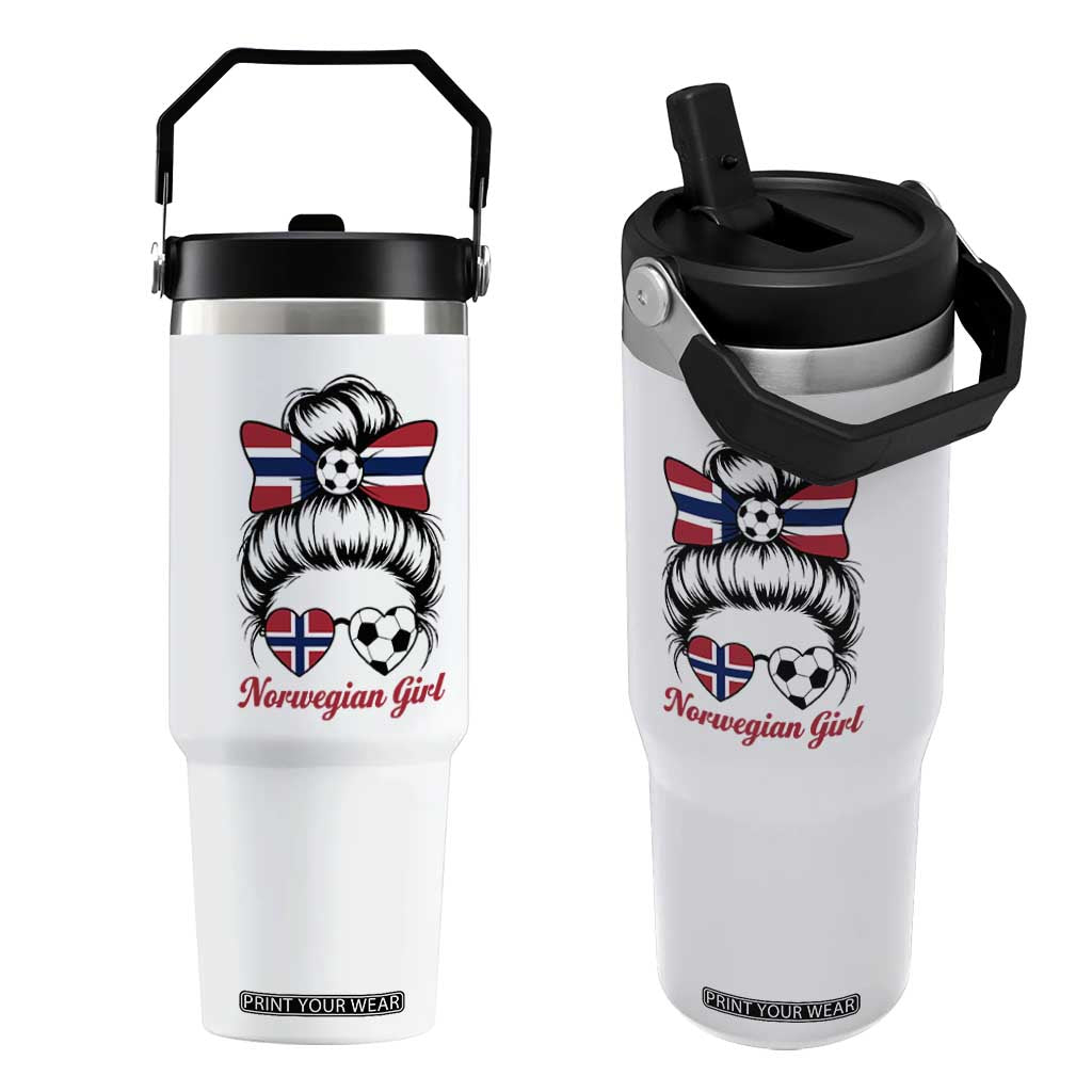 Norwegian Soccer Girl Flip Straw Tumbler Messy Bun Sunglasses Football Fan TS12 One Size: 30 oz White Print Your Wear