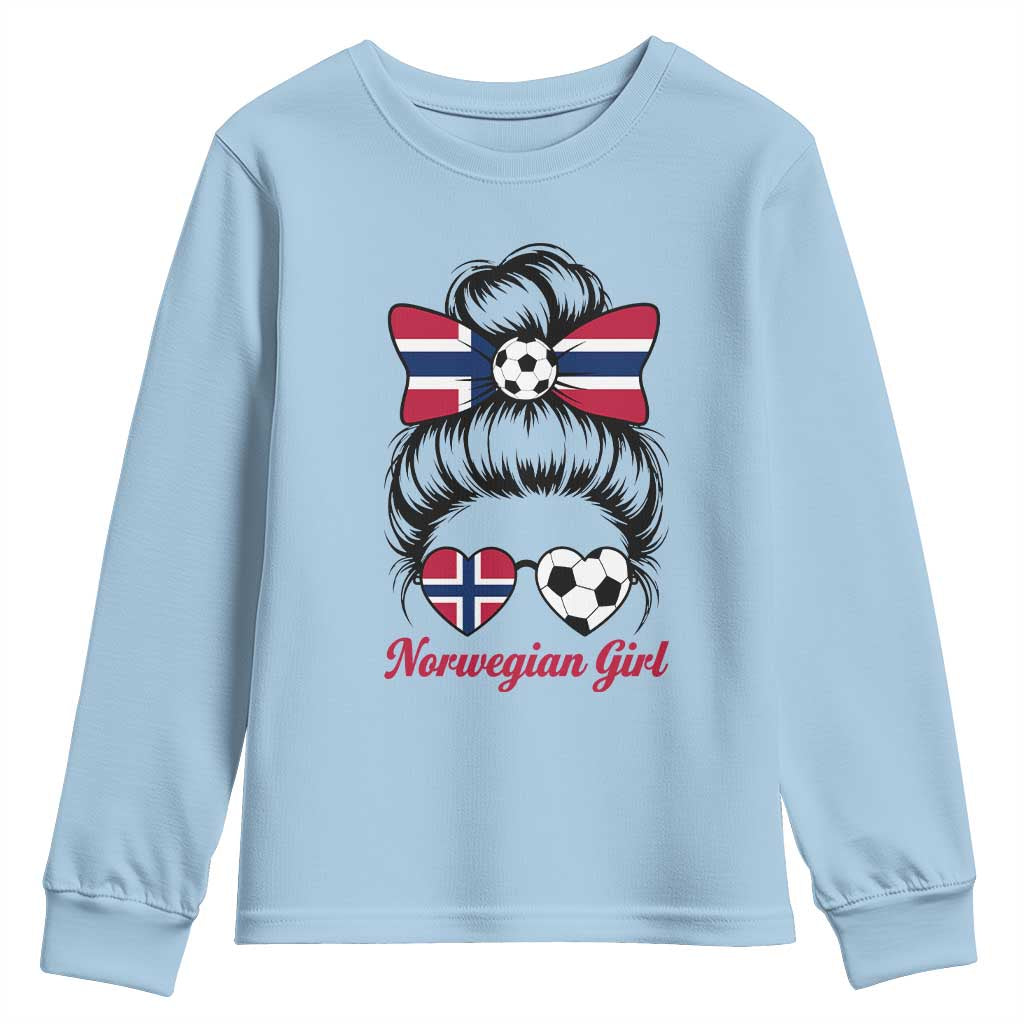 Norwegian Soccer Girl Youth Sweatshirt Messy Bun Sunglasses Football Fan TS12 Light Blue Print Your Wear